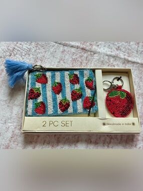 Hand-Beaded Strawberry Wristlet Coin Purse - Blue & Red